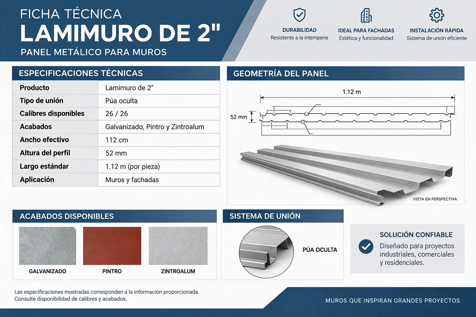 Ficha técnica de Lamimuro de 2 pulgadas con geometría, especificaciones y acabados.