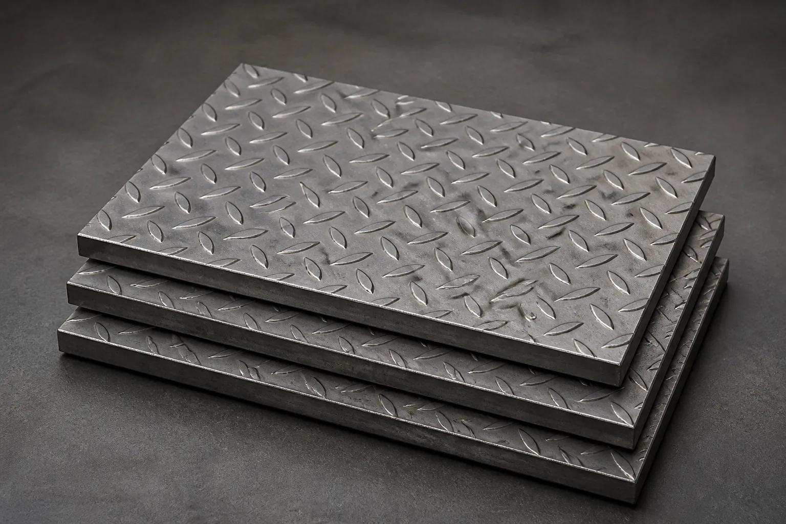 Cuatro placas de acero con relieve antiderrapante apiladas horizontalmente