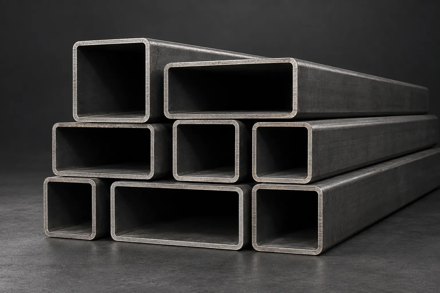 Ocho perfiles estructurales huecos HSS cuadrados y rectangulares apilados