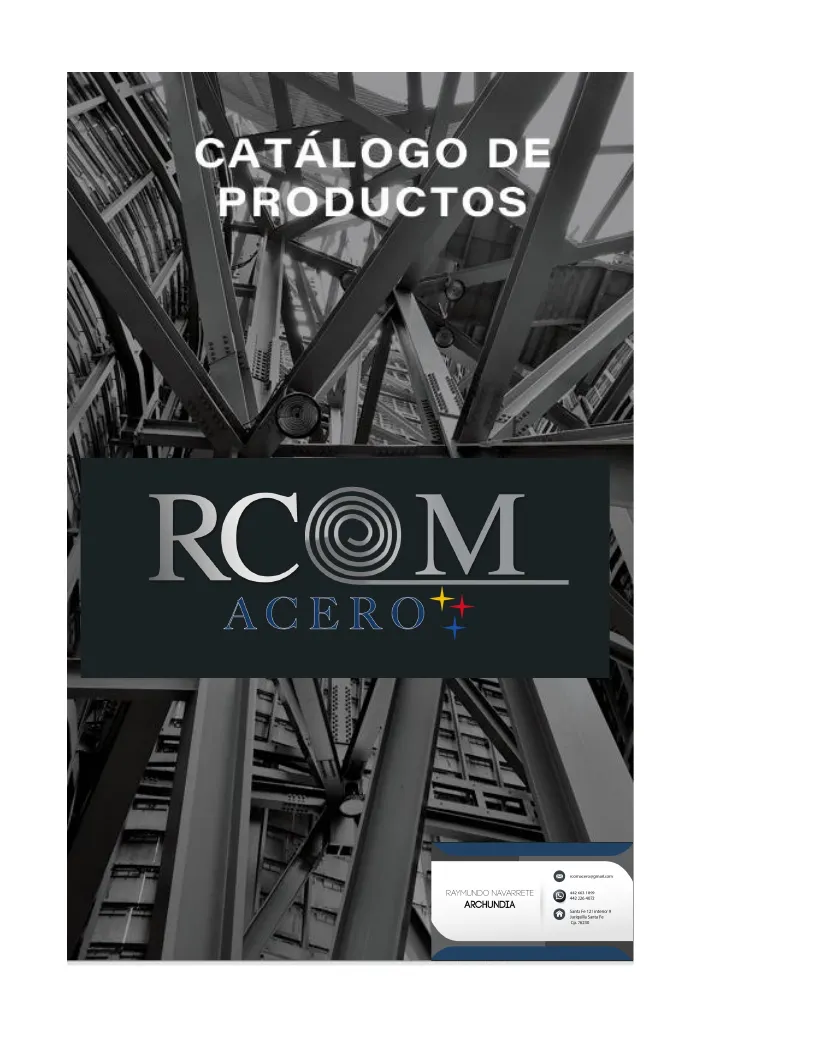 Portada del catálogo de productos de RCOM Acero